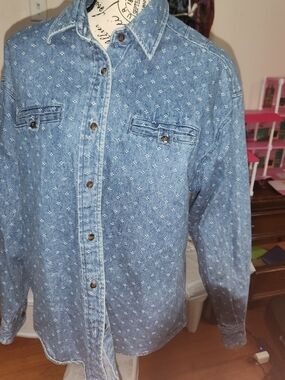 Ruff Hewn Light Blue Denim Button-Down Shirt with Microprint M